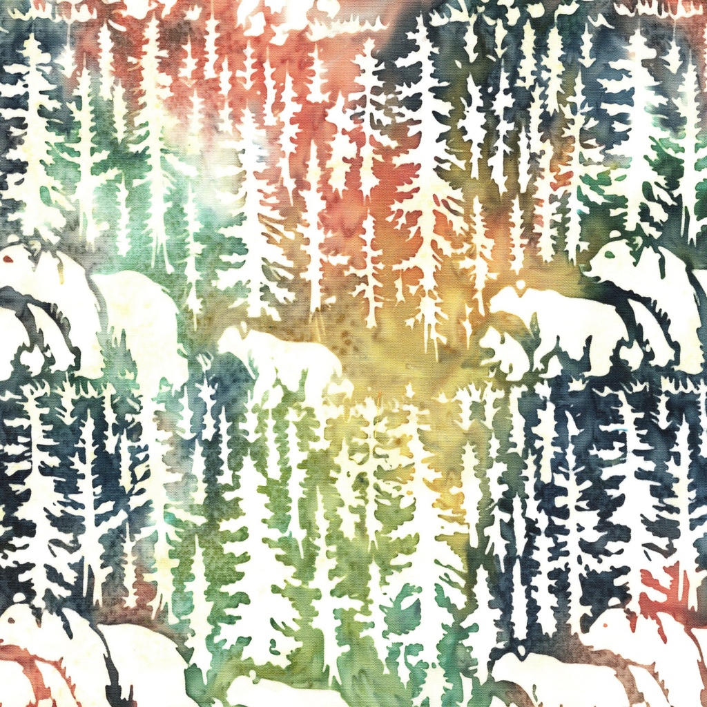 [112611811] 112611811 / Bears and Fir Trees--Multi Green Grey Gold