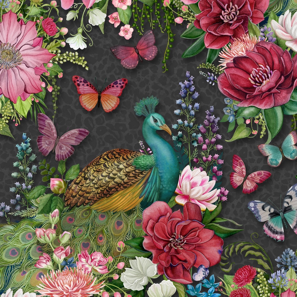 W100-003-719 / Peacocks and Flowers-Black