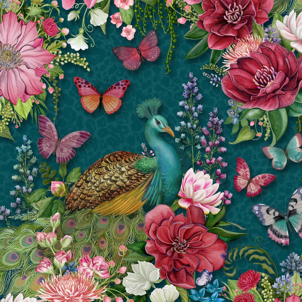 W100-003-919 / Peacocks and Flowers-Teal