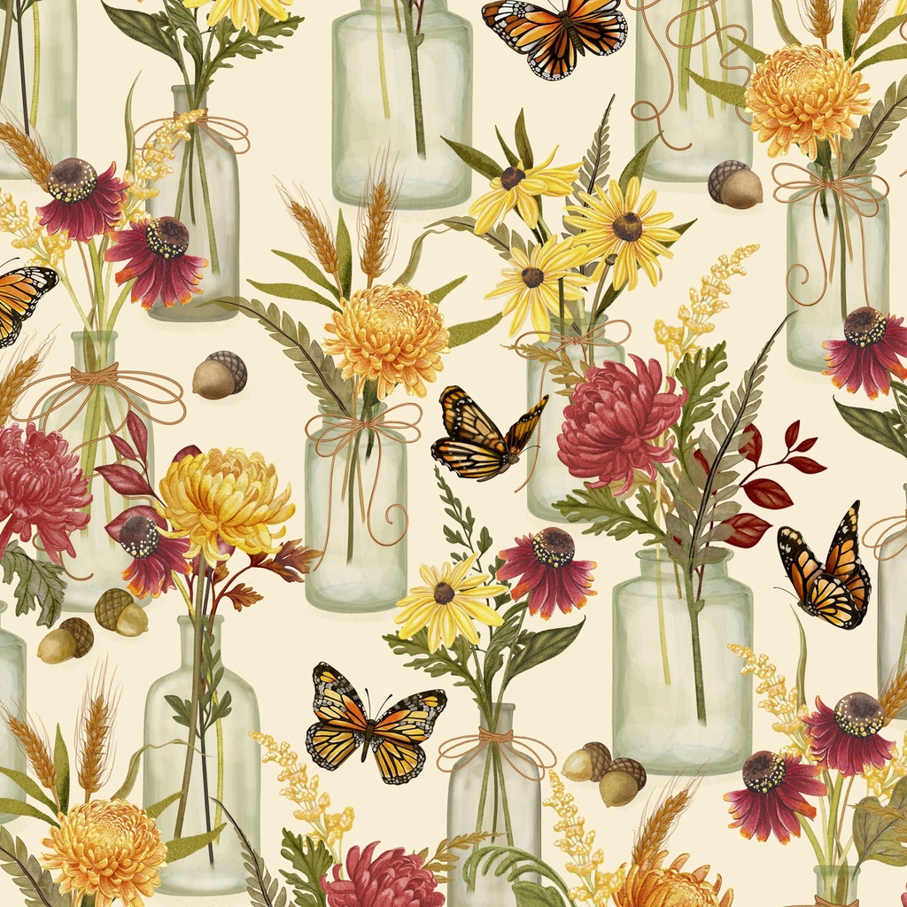 [W100-027-023] W100-027-023 / Floral Jars-Cream