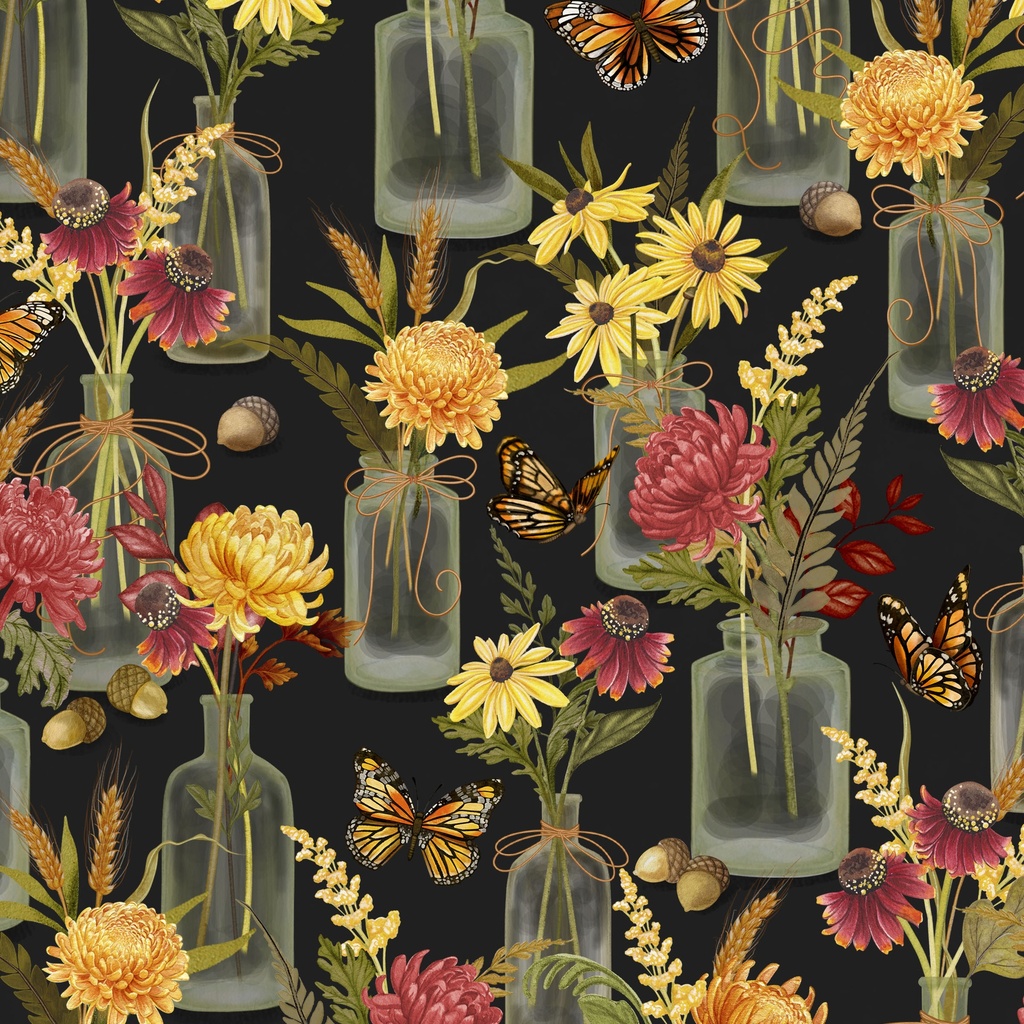 [W100-027-723] W100-027-723 / Floral Jars-Black