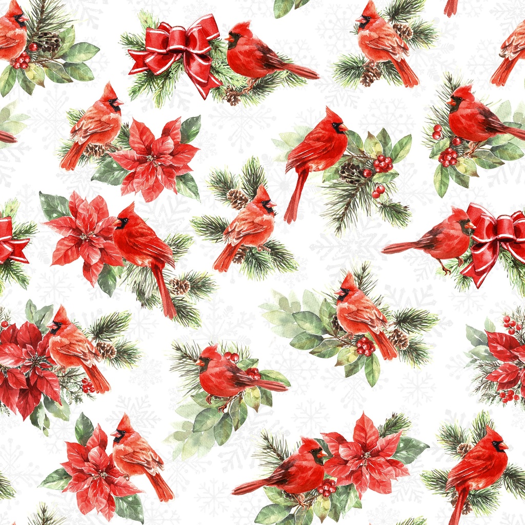 W120-006-036 / Cardinals & Poinsettias-White