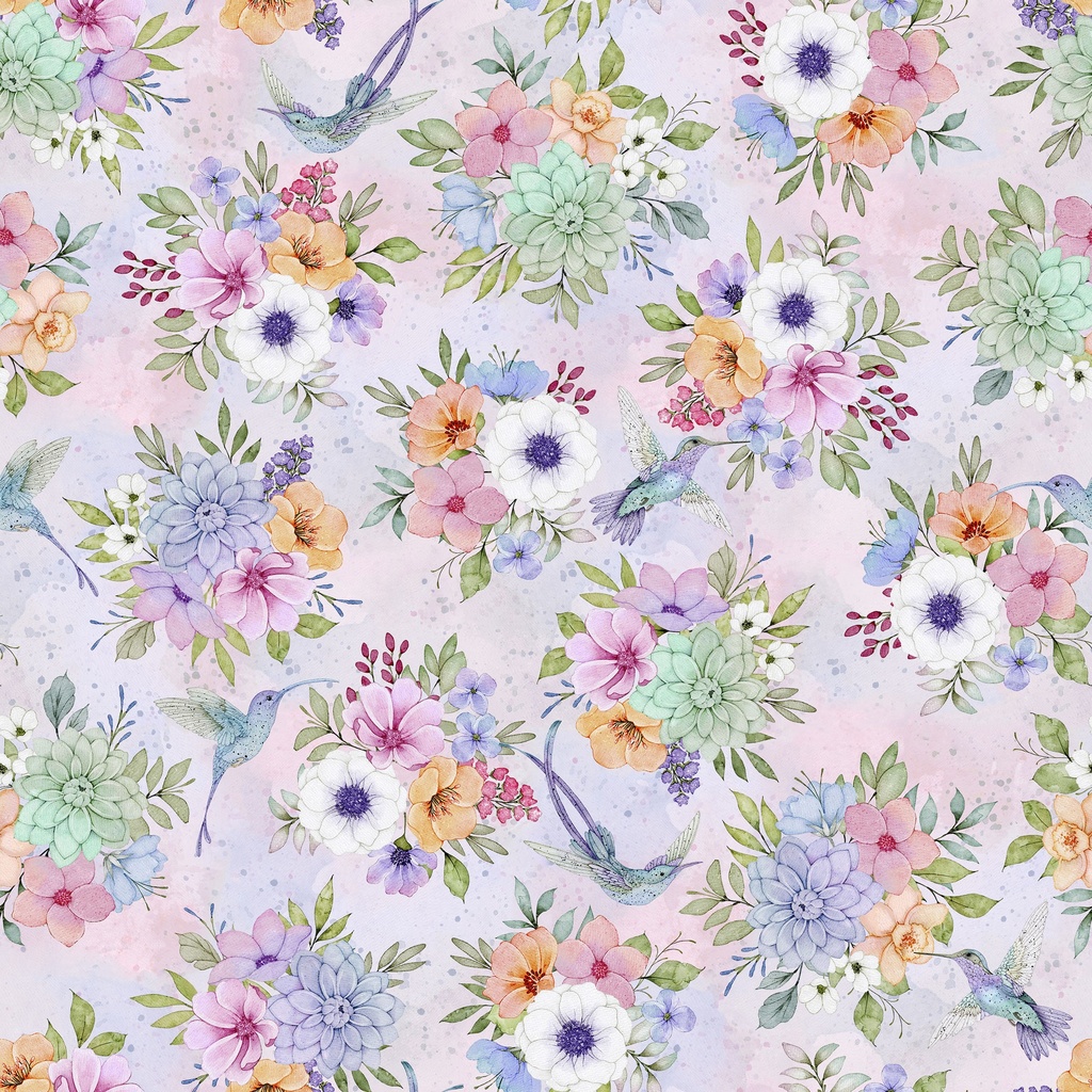 [W110-026-664] W110-026-664 / Florals & Hummingbirds - Purple