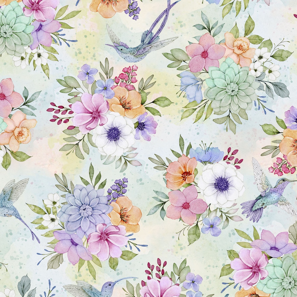 [W110-026-764] W110-026-764 / Florals & Hummingbirds - Blue