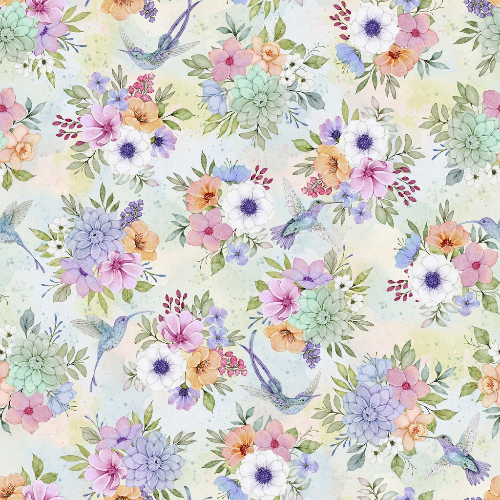 [W110-026-764] W110-026-764 / Florals & Hummingbirds - Blue