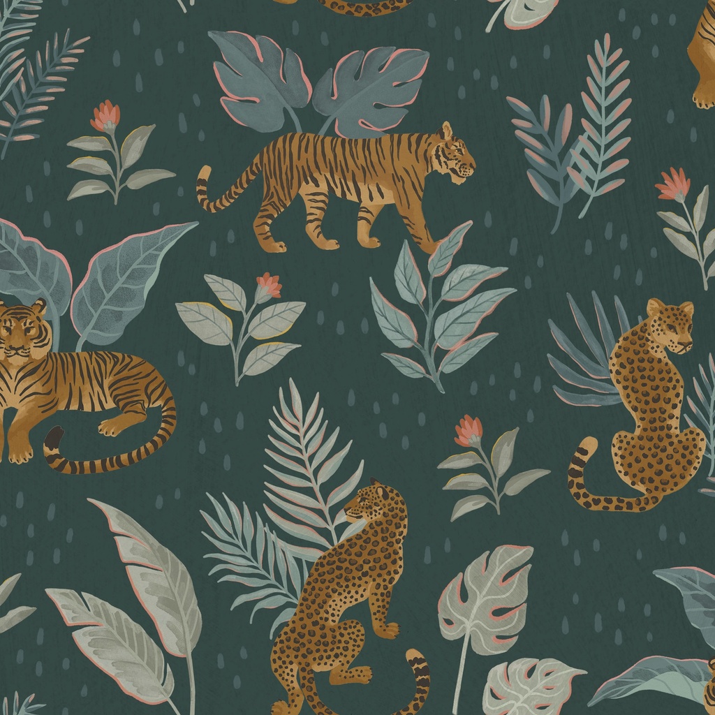 T120-001-828 / Cats in Jungle - Dark Teal