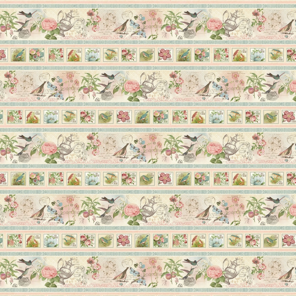 [W130-045-175] W130-045-175 / Botanical Tea Border Stripe - Multi