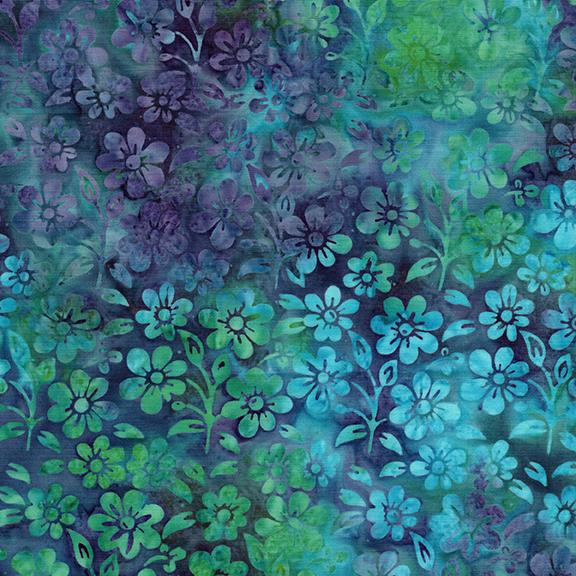 Small Flowers and Leaves Multi Blue Turquoise Purple